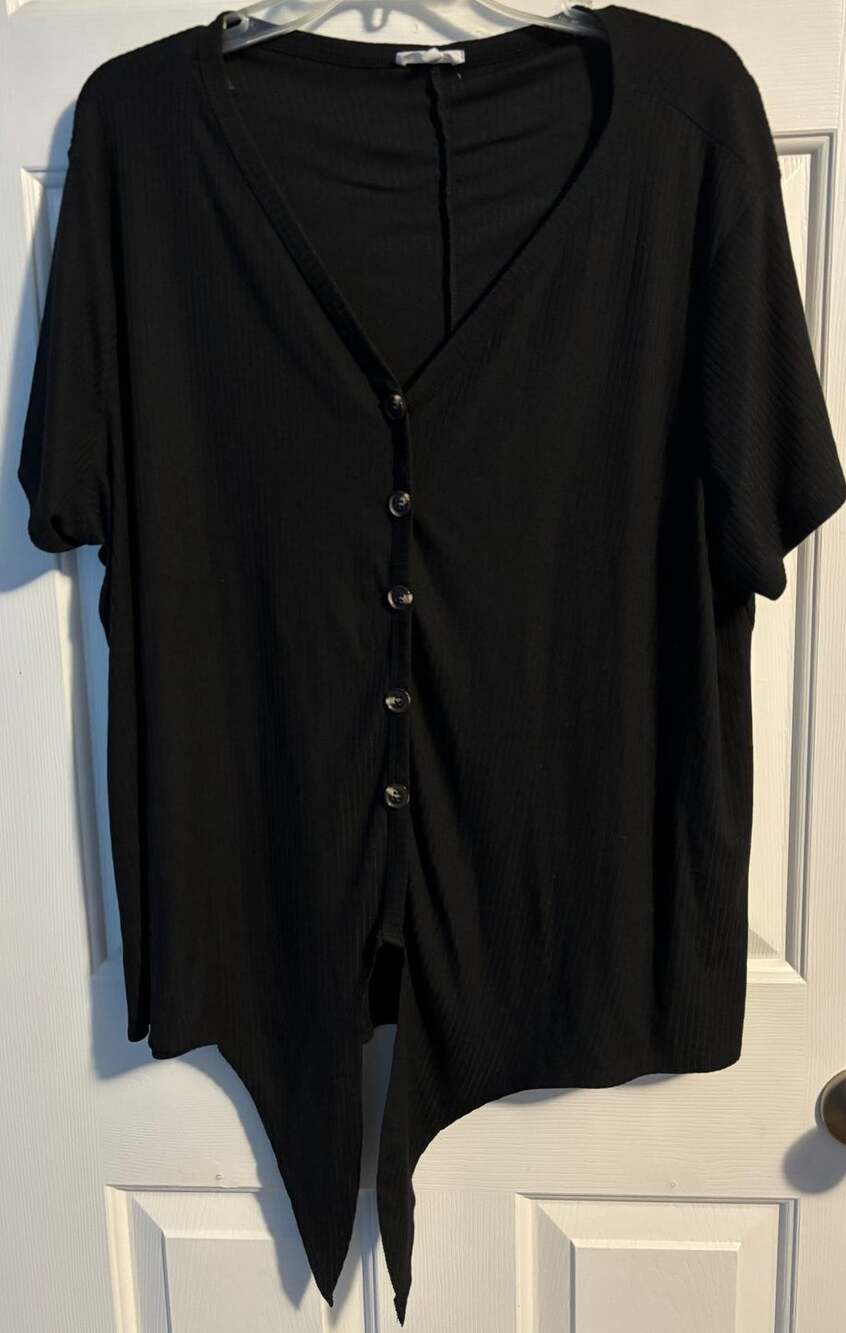 Maurices Top Womens 3X Black Ribbed Knit V Neck Button Front Tie Front Blouse